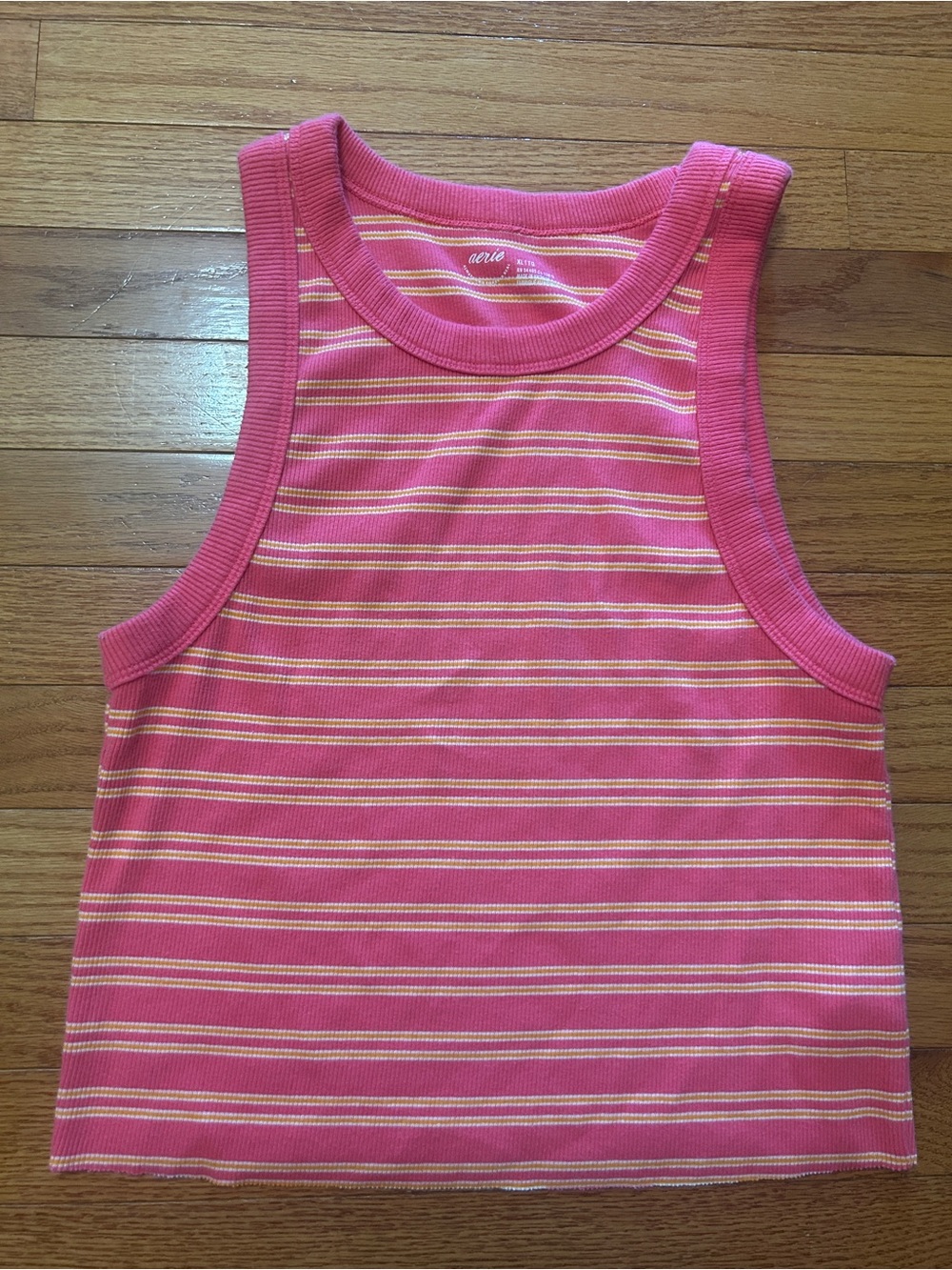 Aerie Tank Size XL Pink Orange Stripe Ribbed Cropped Sleeveless Raw Hem